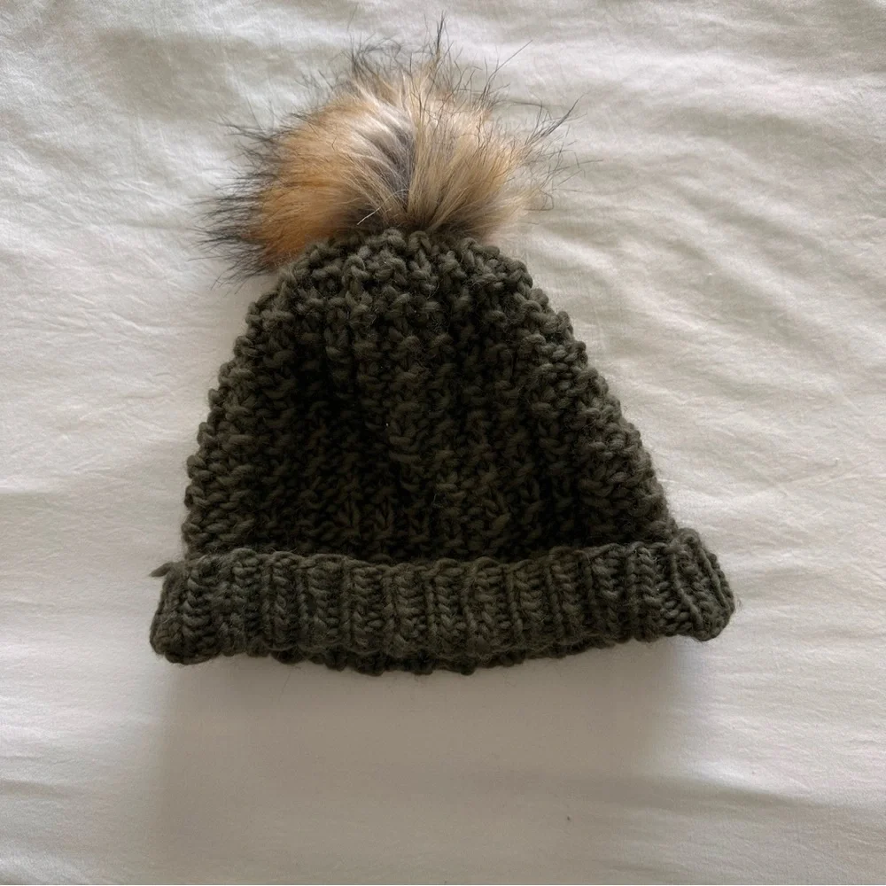 Handmade Olive Green Wool Beanie Faux Fur Pom Pom Gender Neutral Adults